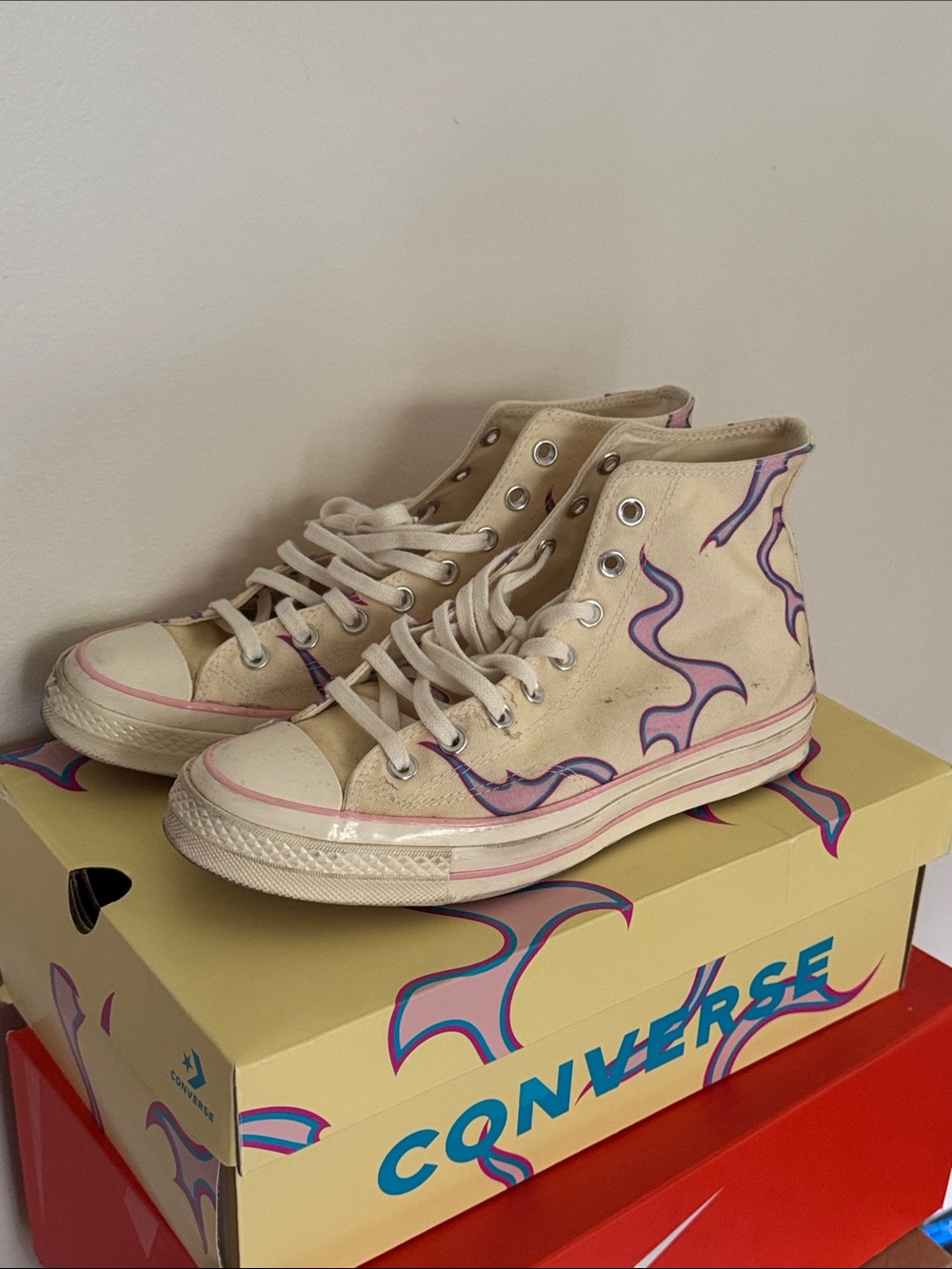 Converse High Top Sneakers in Cream with Purple Accent